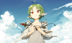 Rule 34 | 1girl, absurdres, ahoge, blue sky, closed mouth, cloud, day, elf, green hair, highres, holding, holding wand, hood, hooded jacket, jacket, mushoku tensei, outdoors, pointy ears, red eyes, shirt, short hair, sky, smile, solo, sylphiette (mushoku tensei), wand, white jacket, white shirt, yuyin (uzrv7533)