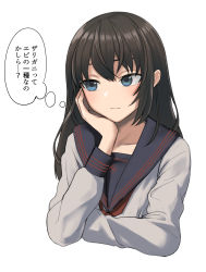 Rule 34 | 1girl, black hair, blue eyes, closed mouth, cropped torso, hand on own chin, highres, long hair, long sleeves, neckerchief, original, red neckerchief, sailor collar, shirt, sidelocks, simple background, thought bubble, tonari no kishida, translation request, upper body, white background, white shirt