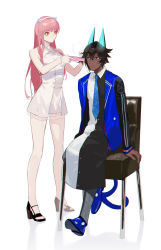 Rule 34 | 1boy, 1girl, :|, arjuna (fate), arjuna alter (fate), arjuna alter (student council president) (fate), bare arms, bare shoulders, black eyes, black hair, blue necktie, breasts, chair, closed mouth, curling iron, dark-skinned male, dark skin, dress, fate/grand order, fate (series), formal, full body, glasses, glowing horns, hair between eyes, hair straightener, highres, holding, horns, jacket, jewelry, light smile, long hair, long sleeves, looking at another, looking at viewer, medb (fate), medb (lostroom outfit) (fate), medium breasts, necktie, official alternate costume, pink hair, semi (p-poco), shirt, short dress, short hair, sitting, sitting on object, sleeves past wrists, standing, tail, tiara, white background, white dress, yellow eyes
