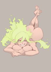 Rule 34 | 1girl, ass, boku no hero academia, breasts, burnin (boku no hero academia), cleavage, feet, fiery hair, grey background, highres, kamiji moe, kristallion, large breasts, long hair, looking at viewer, lying, nude, on stomach, smile, soles, solo, toes, yellow eyes