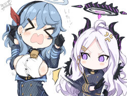 Rule 34 | &gt;o&lt;, 2girls, ahoge, ako (blue archive), anger vein, bell, black gloves, blue archive, blue hair, blush, breast slap, breasts, chibi, cowbell, darkside, demon girl, demon horns, forehead, gloves, halo, hina (blue archive), horns, lineart, long hair, medium breasts, multiple girls, multiple horns, neck bell, no mouth, open mouth, pain, parted bangs, purple eyes, sideboob, signature, simple background, spanking, teardrop, wavy mouth, white background, white hair