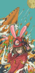 Rule 34 | 1girl, absurdres, animal, animal ears, arm at side, bad id, bad pixiv id, blue background, blue sky, blush, breast pocket, brown hair, rabbit, buttons, carrot, carrot necklace, commentary request, ears through headwear, food, food in pocket, hair between eyes, hand up, helmet, highres, hood, hood down, hooded jacket, index finger raised, jacket, jewelry, launching, long sleeves, looking at viewer, looking to the side, medium hair, moon, moon rabbit, necklace, oimo imoo, original, parted lips, pocket, pointing, pointing up, rabbit ears, red eyes, red headwear, red jacket, rocket, sky, smoke, smug, solo, spacecraft, uniform, upper body, v-shaped eyebrows