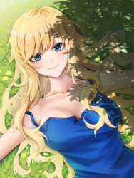 Rule 34 | 1girl, absurdres, alternate costume, blonde hair, blue camisole, blue eyes, blush, breasts, camisole, collarbone, daiko (dai1974910), grass, hair spread out, highres, idolmaster, idolmaster cinderella girls, large breasts, light smile, long hair, looking at viewer, ohtsuki yui, on ground, outdoors, outstretched arms, shade, solo, upper body, very long hair