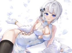 Rule 34 | 1girl, absurdres, arm support, bare arms, bare hips, bare shoulders, black bow, black thighhighs, blue dress, blue eyes, blush, bow, braid, breasts, cleavage, cleavage cutout, clothing cutout, covered navel, dress, fuchi (0616tk), gloves, hair bow, heart, heart-shaped pupils, highres, large breasts, looking at viewer, lying, magia record: mahou shoujo madoka magica gaiden, mahou shoujo madoka magica, on side, one side up, parted lips, petals, shawl, simple background, smile, solo, symbol-shaped pupils, tassel, thighhighs, underboob cutout, white background, white gloves, yakumo mitama