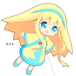 Rule 34 | 1girl, :d, aikei ake, blonde hair, blue dress, blue eyes, blue footwear, blue hairband, blush, dress, full body, hair between eyes, hairband, highres, loafers, long hair, long sleeves, looking away, open mouth, original, personification, shoes, simple background, smile, solo, translation request, very long hair, white background, wide sleeves, yellow dress