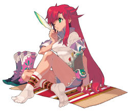 Rule 34 | 1girl, ahoge, asymmetrical bangs, bag, blue shorts, boots, breasts, eyebrows hidden by hair, feathers, feet, frown, full body, green eyes, handbag, heart, long hair, medium breasts, official art, one eye closed, pink footwear, rebecca streisand, red hair, rug, sasaki tomomi, scan, shirt, shorts, sidelocks, simple background, sitting, socks, solo, taut clothes, thighs, tomomi sasaki, white background, white socks, wild arms, wild arms 5, wink