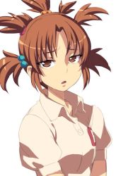 Rule 34 | 1girl, bad id, bad twitter id, brown eyes, brown hair, character request, collared shirt, copyright request, hair bobbles, hair ornament, hair tie, looking at viewer, parted lips, puffy short sleeves, puffy sleeves, shirt, short hair, short sleeves, simple background, solo, tasaka shinnosuke, upper body, white background, white shirt, wing collar