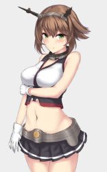 Rule 34 | 1girl, bare arms, black skirt, blush, breasts, brown hair, cleavage, collar, flipped hair, gloves, gradient background, grey background, hand on own arm, headgear, kantai collection, large breasts, looking at viewer, monoku, mutsu (kancolle), navel, pleated skirt, short hair, simple background, skirt, smile, solo, striped clothes, striped skirt, upper body, white gloves