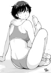 Rule 34 | 1girl, arm support, artist name, ass, bottle, breasts, dated, greyscale, hadashi no kenji, hair between eyes, highres, looking back, monochrome, original, shoes, short hair, simple background, sitting, small breasts, sneakers, solo, sports bra, sweat, towel, water bottle