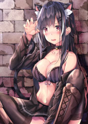 Rule 34 | 1girl, :d, absurdres, animal ear fluff, animal ears, bare shoulders, bell, black bra, black choker, black hair, black jacket, black skirt, black thighhighs, boots, bra, breasts, brick wall, brown eyes, brown footwear, buttons, cat ears, choker, claw pose, cleavage, collarbone, earrings, extra ears, hand up, highres, jacket, jewelry, jingle bell, knee boots, knee up, lace trim, large breasts, long hair, long sleeves, looking at viewer, miniskirt, multicolored hair, navel, off shoulder, open clothes, open jacket, open mouth, original, panties, pleated skirt, sidelocks, sitting, skirt, smile, solo, stomach, streaked hair, striped clothes, striped panties, thighhighs, tsukasa tsubasa, underwear, white hair