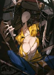 Rule 34 | 1girl, bald, barricade, blue pants, breasts, broken, commentary, covered erect nipples, damaged, english commentary, faceless, faceless female, fingernails, giant, giantess, highres, horror (theme), huge breasts, juerucj, no eyes, pants, scp-3008-2, scp foundation, sharp fingernails, shirt, skindentation, solo, torn clothes, torn shirt, uniform, yellow shirt