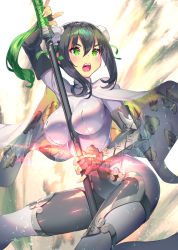 Rule 34 | 1girl, :o, black hair, blush, bodysuit, bun cover, cropped legs, double bun, elbow gloves, fate/grand order, fate (series), fingerless gloves, gloves, green eyes, holding, holding lance, holding polearm, holding weapon, impossible clothes, lance, looking away, open mouth, polearm, qin liangyu (fate), short hair, solo, weapon, yoshimoto (dear life)
