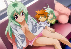 Rule 34 | 00s, 1girl, absurdres, antenna hair, arm support, blush, body blush, bow, bow panties, bowtie, breasts, breasts apart, character doll, chibi, cleavage, couch, cushion, doll, dress shirt, dutch angle, green hair, hair between eyes, hand on thigh, highres, indoors, lace, lace-trimmed panties, lace trim, leaning, light smile, long hair, long sleeves, looking at viewer, medicine melancholy, medium breasts, navel, no bra, no pants, no pupils, o o, official art, open clothes, open shirt, orange hair, panties, pantyshot, pillow, pink eyes, pink panties, plaid, plaid skirt, run elsie jewelria, scan, school uniform, shirt, short hair, sitting, skirt, smile, solo, spiked hair, to love-ru, underwear, upskirt, white shirt, window, yuuki rito