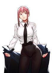 Rule 34 | 1girl, absurdres, black jacket, black legwear, black necktie, black pants, blood, blood on hands, breasts, brown hair, business suit, chainsaw man, collared shirt, formal, high-waist pants, highres, jacket, large breasts, long sleeves, looking at viewer, makima (chainsaw man), medium hair, necktie, neckwear request, open mouth, pants, pink eyes, removing jacket, renxzd, ringed eyes, shirt, shirt tucked in, short hair, simple background, solo, suit, tight clothes, tight pants, undressing, white background, white shirt