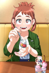 Rule 34 | 1girl, artist logo, artist name, blueberry, blush, boku no hero academia, brown eyes, brown hair, casual, cherry, cup, food, fruit, green jacket, hair behind ear, high-waist pants, highres, holding, holding food, holding spoon, ice cream, incoming food, indoors, jacket, looking at viewer, marumorumeme, offering, open mouth, outstretched hand, pants, ponytail, pov, restaurant, shirt, shirt tucked in, short eyebrows, short ponytail, sidelocks, sleeves rolled up, solo, spoon, strawberry, table, teeth, thick eyebrows, uraraka ochako, whipped cream, white shirt