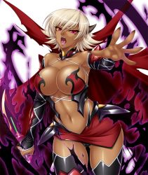 Rule 34 | 00s, 1girl, armpits, bare shoulders, breasts, cameltoe, cape, claws, cleavage, colored sclera, corruption, dark-skinned female, dark persona, dark skin, demon girl, detached sleeves, fangs, female focus, highres, horns, igawa sakura, kagami hirotaka, large breasts, lilith-soft, looking at viewer, miniskirt, navel, open mouth, outstretched arm, outstretched hand, pink eyes, revealing clothes, short hair, skirt, solo, taimanin (series), taimanin asagi, taimanin asagi kessen arena, tan, thong, white hair, wide hips, yellow sclera