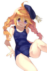 Rule 34 | 1girl, ahoge, beret, blonde hair, blue hat, blue one-piece swimsuit, braid, breasts, commentary request, cowboy shot, hair between eyes, hat, head tilt, highres, kuro work, long hair, looking at viewer, one-piece swimsuit, parted bangs, princess connect!, purple eyes, school swimsuit, shaded face, simple background, sitting, skin tight, small breasts, solo, spread legs, swept bangs, swimsuit, thighs, twin braids, white background, wide hips, yuni (princess connect!)