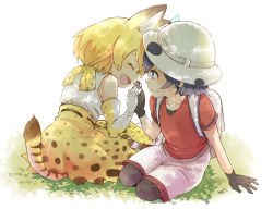 Rule 34 | 10s, 2girls, animal ears, animal print, backpack, bag, bare shoulders, black hair, black legwear, blonde hair, cat ears, cat tail, elbow gloves, closed eyes, gloves, holding hands, hat, hat feather, idu, kaban (kemono friends), kemono friends, looking at another, multiple girls, open mouth, pantyhose, red shirt, serval (kemono friends), serval print, serval tail, shirt, short hair, shorts, sitting, skirt, sleeveless, sleeveless shirt, smile, t-shirt, tail, thighhighs, white shirt