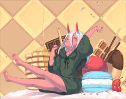 Rule 34 | 10s, 1girl, ^ ^, arm up, bare legs, barefoot, biscuit, blurry, blush, candy, cherry blossoms, chocolate, cloak, closed eyes, colored skin, darling in the franxx, depth of field, doughnut, closed eyes, feet, food, fruit, happy, hood, hooded cloak, horns, ice cream, jelly bean, legs, lollipop, long sleeves, olive (laai), pancake, pink hair, pocky, red skin, smile, solo, strawberry, sweets, syrup, wide sleeves, zero two (darling in the franxx)