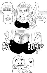 Rule 34 | 1boy, 1girl, android 18, bald, black shirt, breasts, cleavage, close-up, comic, dragon ball, english text, fins, fish tail, funsexydb, greyscale, heart, heart-shaped eyes, highres, kuririn, large breasts, long hair, mermaid, monochrome, monster girl, ocean, scales, shirt, spoken heart, striped sleeves, tail