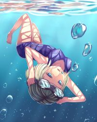 Rule 34 | 1girl, air bubble, aozarigani, bad id, bad pixiv id, barefoot, blonde hair, blue eyes, breath, bubble, caustics, freediving, goggles, goggles on head, light rays, one-piece swimsuit, open mouth, original, school swimsuit, short hair, solo, sunbeam, sunlight, swimming, swimsuit, underwater, upside-down