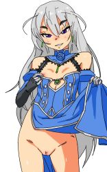 Rule 34 | 10s, 1girl, bare shoulders, cleavage reach, clothes lift, detached collar, detached sleeves, eyebrows, flat chest, gloves, grin, hitsugi no chaika, kiriririn, layla (hitsugi no chaika), long hair, naughty face, nipple slip, nipples, no panties, pelvic curtain, pelvic curtain lift, purple eyes, pussy, silver hair, skirt, skirt lift, smile, solo, uncensored, very long hair