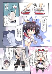 Rule 34 | ..., 2girls, ahoge, anger vein, animal ears, apron, azur lane, black hair, boat, cat ears, cat tail, comic, commander (azur lane), commentary, dress, hair ornament, hammann (azur lane), hm (hmongt), i-168 (azur lane), kemonomimi mode, maid, maid apron, maid headdress, multiple girls, red eyes, school swimsuit, silver hair, spoken ellipsis, star-shaped pupils, star (symbol), stuffed animal, stuffed toy, swimsuit, symbol-shaped pupils, tail, torpedo, toy, translated, twintails, twitter username, watercraft, wristband, aged down