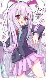 Rule 34 | 1girl, @ @, absurdres, animal ears, blazer, blush, buttons, collared shirt, commentary request, eyelashes, feet out of frame, highres, jacket, kayon (touzoku), light purple hair, long hair, long sleeves, looking to the side, miniskirt, necktie, open mouth, pink skirt, pleated skirt, purple eyes, rabbit ears, red eyes, red necktie, reisen udongein inaba, shirt, sidelocks, skirt, solo, standing, suit jacket, sweatdrop, thighs, tongue, touhou, very long hair, white shirt, wing collar