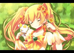 Rule 34 | 10s, 1girl, bad id, bad pixiv id, blonde hair, bow, brooch, chiruku, cure sunshine, closed eyes, grass, green background, heart, heart brooch, heartcatch precure!, letterboxed, long hair, lying, magical girl, myoudouin itsuki, potpourri (heartcatch precure!), precure, sleeping, smile, twintails, yellow bow