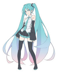 Rule 34 | 1girl, aqua eyes, aqua hair, aqua necktie, bare shoulders, belt, black skirt, black sleeves, black thighhighs, blouse, boots, commentary, contrapposto, dated, derivative work, detached sleeves, english commentary, full body, gradient hair, hair ornament, hatsune miku, headphones, headset, highres, long hair, looking at viewer, miniskirt, multicolored hair, necktie, number tattoo, pleated skirt, shirt, shoulder tattoo, signature, skirt, sleeveless, sleeveless shirt, sleeves past wrists, smile, solo, standing, tattoo, thigh boots, thighhighs, twintails, very long hair, vocaloid, vocaloid boxart pose, white shirt, yasutange, zettai ryouiki