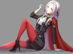 Rule 34 | 1girl, absurdres, black footwear, breasts, cape, coat, edelgard von hresvelg, fire emblem, fire emblem: three houses, gloves, goldenweeksama, grey background, hair ribbon, high heels, highres, knee up, long hair, long sleeves, looking at viewer, medium breasts, military, military uniform, miniskirt, nintendo, pantyhose, parted bangs, purple eyes, red pantyhose, ribbon, silver hair, simple background, sitting, skirt, solo, tongue, tongue out, uniform, white gloves