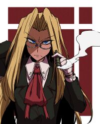Rule 34 | 1girl, ascot, bags under eyes, black coat, blonde hair, blue eyes, cigar, closed mouth, coat, collared shirt, flat chest, frown, glasses, gloves, grey-framed eyewear, hellsing, highres, holding, holding cigar, integra hellsing, kuri dora, long hair, long sleeves, looking at viewer, parted bangs, red ascot, red background, reverse trap, shirt, smoke, smoking, solo, two-tone background, upper body, white gloves, white shirt