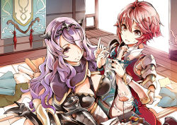 Rule 34 | 2girls, armor, breasts, camilla (fire emblem), circlet, cleavage, endou okito, fabric, female focus, fire emblem, fire emblem fates, hair over one eye, hinoka (fire emblem), long hair, multiple girls, needle, nintendo, official art, purple eyes, purple hair, red hair, sewing needle, smile