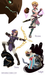 Rule 34 | 1girl, aaron diaz, alternate costume, armor, arrow (projectile), asymmetrical gloves, bandages, belt, blonde hair, bodysuit, boots, bow (weapon), chainmail, concept art, cutlass, cutlass, darkness, energy ball, flat chest, floating, gauntlets, gloves, greaves, hair tubes, highres, hood, knee boots, levitation, loincloth, magic, mask, midriff, mismatched gloves, monster, mouth mask, multiple persona, navel, nintendo, nose, pointy ears, princess zelda, purple eyes, reverse trap, sandals, scabbard, shadow, sheath, sheik, short hair, shorts, strapless, sword, tabard, the legend of zelda, the legend of zelda: ocarina of time, tube top, tunic, vest, watermark, weapon, web address