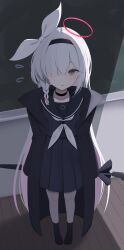 Rule 34 | 1girl, plana (blue archive), ama (amastration55), arms behind back, black choker, black hairband, black jacket, black sailor collar, black serafuku, black skirt, black socks, blue archive, blush, braid, chalkboard, choker, commentary request, facing viewer, full body, green eyes, hair over one eye, hair ribbon, hairband, halo, highres, holding, holding umbrella, indoors, jacket, long hair, looking ahead, neckerchief, no shoes, one eye covered, open clothes, open jacket, open mouth, pleated skirt, ribbon, sailor collar, school uniform, serafuku, single braid, skirt, socks, solo, standing, sweatdrop, umbrella, very long hair, white hair, white neckerchief, white ribbon