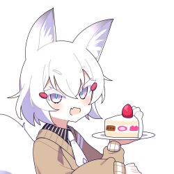 1girl absurdres animal_ears cake cross_(vgne4542) food fox_ears highres holding holding_plate open_mouth phase_connect pink_eyes plate short_hair tenma_maemi virtual_youtuber white_background white_hair