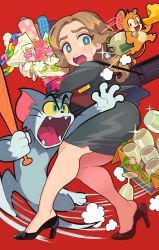 Rule 34 | 1girl, 2boys, aqua eyes, baseball bat, black footwear, black skirt, blush, bouquet, box, bright pupils, brown hair, cat, cheese, cup, flower, food, gashi-gashi, glint, high heels, highres, jerry (tom and jerry), jewelry, kayla (tom and jerry), mouse (animal), multiple boys, open mouth, pink flower, red background, ring, simple background, skirt, tom (tom and jerry), tom and jerry, white flower, white pupils
