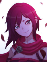 Rule 34 | 1girl, cape, cloak, closed mouth, commentary, crescent rose, falling petals, grey eyes, highres, liyart, petals, portrait, red cape, red scarf, ruby rose, rwby, scarf, short hair, smile, solo