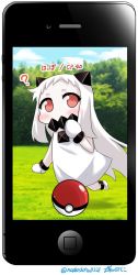 Rule 34 | 1girl, ?, abyssal ship, ahoge, apple inc., blue sky, blurry, blush, cellphone, cloud, cloudy sky, colored skin, commentary request, creatures (company), crossover, day, depth of field, dress, game freak, gameplay mechanics, horns, iphone, kantai collection, long hair, looking at viewer, mittens, nintendo, northern ocean princess, parody, phone, photo background, poke ball, pokemon, pokemon go, red eyes, sky, smartphone, solo, translated, twitter username, very long hair, walking, white dress, white hair, white skin, yamato nadeshiko