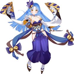 Rule 34 | 1girl, ark order, artist request, bell, blue hair, blue hakama, blue pants, breasts, cleavage, dagger, detached sleeves, hair ornament, hakama, hakama pants, holding, holding dagger, holding knife, holding weapon, japanese clothes, jingle bell, kinomata no kami (ark order), knife, large breasts, long sleeves, looking at viewer, official art, okobo, pants, platform clogs, rope, sandals, sash, smile, solo, tabi, tachi-e, transparent background, water, weapon, white legwear, wide sleeves, yellow eyes