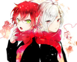 Rule 34 | 10s, 2boys, amo (yellowpink a), bow, bowtie, child, diabolik lovers, fangs, green eyes, hair over one eye, looking at viewer, male focus, multiple boys, open mouth, red eyes, red hair, sakamaki ayato, sakamaki subaru, scarf, tsurime, upper body, white hair, aged down