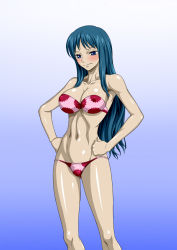 Rule 34 | 1girl, armpits, bare arms, bare legs, bare shoulders, bikini, blue eyes, blue hair, blush, breasts, cameltoe, cleavage, cleft of venus, cowboy shot, embarrassed, gradient background, groin, hands on own hips, highres, large breasts, legs, long hair, looking down, matching hair/eyes, navel, nel-zel formula, one piece, porche (one piece), simple background, solo, standing, strapless, swimsuit, thighs