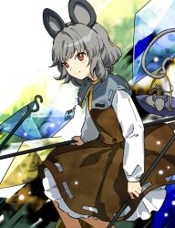 Rule 34 | 1girl, animal, animal ears, blush, capelet, closed mouth, dowsing rod, dress, feet out of frame, grey capelet, grey dress, grey hair, highres, holding, jewelry, kaigen 1025, long sleeves, mouse (animal), mouse ears, mouse tail, nazrin, pendant, red eyes, short hair, smile, solo, tail, touhou