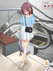 Rule 34 | 1girl, arms at sides, artist name, bag, bench, blue shirt, blush, cellphone, clenched hands, closed eyes, closed mouth, clothes writing, collarbone, crossed legs, escalator, female focus, flat chest, full body, glasses, handbag, highres, indoors, japanese text, kakuremino7928, legs, miniskirt, nail polish, original, phone, pink nails, pleated skirt, public indecency, purple hair, red-framed eyewear, remote control vibrator, sandals, semi-rimless eyewear, sex toy, shirt, shirt tucked in, short hair, short sleeves, shoulder bag, sidelocks, sign, signature, skirt, smartphone, solo, speech bubble, stairs, standing, star (symbol), sweat, tile floor, tiles, toenail polish, toenails, translation request, trembling, twitter username, u u, vibrator, vibrator under clothes, watson cross, wavy mouth, white footwear, white skirt