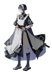 Rule 34 | 1boy, alternate costume, apron, black hair, blue eyes, closed mouth, crossdressing, doll joints, full body, genshin impact, highres, holding, holding sword, holding weapon, japanese clothes, joints, maid, maid headdress, male focus, megumui 9, profile, scaramouche (genshin impact), simple background, solo, standing, sword, trap, wa maid, weapon, white apron, white background, wide sleeves