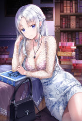 Rule 34 | 1girl, bag, blue eyes, book, book stack, bookshelf, bra, braid, breasts, choker, cleavage, collarbone, earrings, floral print, flower, french braid, hand up, high-waist skirt, highres, indoors, jewelry, light particles, long hair, long sleeves, looking at viewer, lunacle, medium breasts, necklace, original, parted bangs, purple bra, rose, see-through, shirt, shoulder bag, sidelocks, sitting, skirt, smile, solo, table, thighs, underwear, white choker, white hair, white skirt