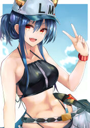 Rule 34 | 1girl, :d, akasabi, arknights, bare arms, bare shoulders, baseball cap, bikini, black bikini, blue hair, breasts, ch&#039;en (arknights), ch'en (arknights), collarbone, commentary request, dragon horns, female tourist c (arknights), folded ponytail, hair between eyes, halterneck, hand up, hat, highleg, highleg bikini, highres, horns, horns through headwear, long hair, looking at viewer, medium breasts, navel, official alternate costume, open mouth, red eyes, sidelocks, smile, solo, stomach, swimsuit, v, white hat