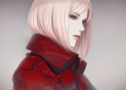 Rule 34 | 1girl, black eyes, blurry, buttons, closed mouth, coat, erise, from side, grey background, looking away, original, portrait, red coat, silver hair, solo