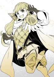 Rule 34 | 1girl, armor, braid, cape, crown braid, fire emblem, fire emblem heroes, gloves, highres, leg up, long hair, long sleeves, monochrome, nakabayashi zun, nintendo, open mouth, scale armor, sharena (fire emblem), simple background, skirt, solo, white background