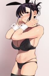 Rule 34 | 1girl, animal ears, arms up, black bra, black hair, black panties, blush, bow, bowtie, bra, breasts, brown eyes, cleavage, commentary request, corrupted twitter file, elder cousin (igarashi kyouhei), embarrassed, fake animal ears, folded hair, folded ponytail, hair ornament, hairclip, highres, igarashi kyouhei, large breasts, medium hair, nail polish, navel, open mouth, original, panties, rabbit ears, red nails, solo, thighhighs, underwear, wrist cuffs